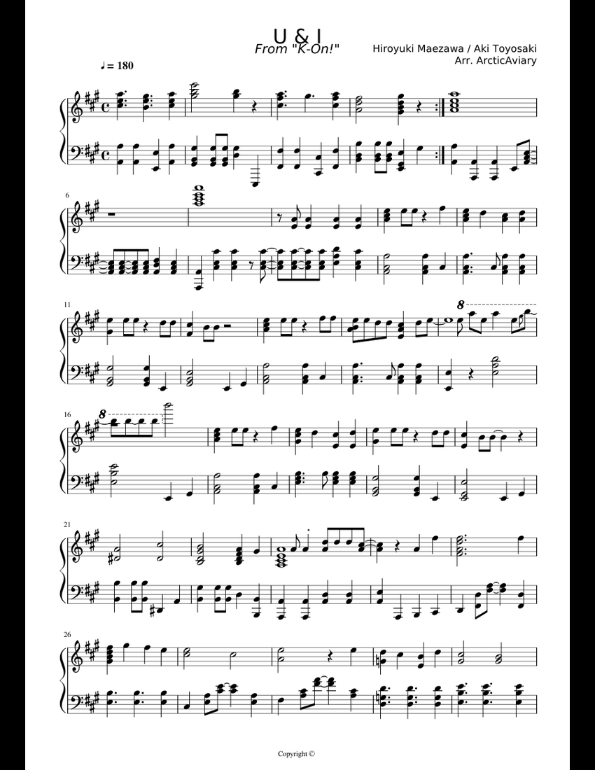 U & I - K-On! OST sheet music for Piano download free in PDF or MIDI