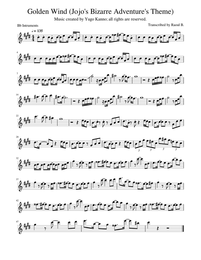 Golden Wind (Jojo's Bizarre Adventure's Theme) Tenor Sax Sheet music