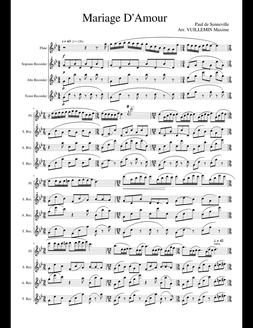 Mariage D Amour Flute And Recorder Ensemble Sheet Music For Flute