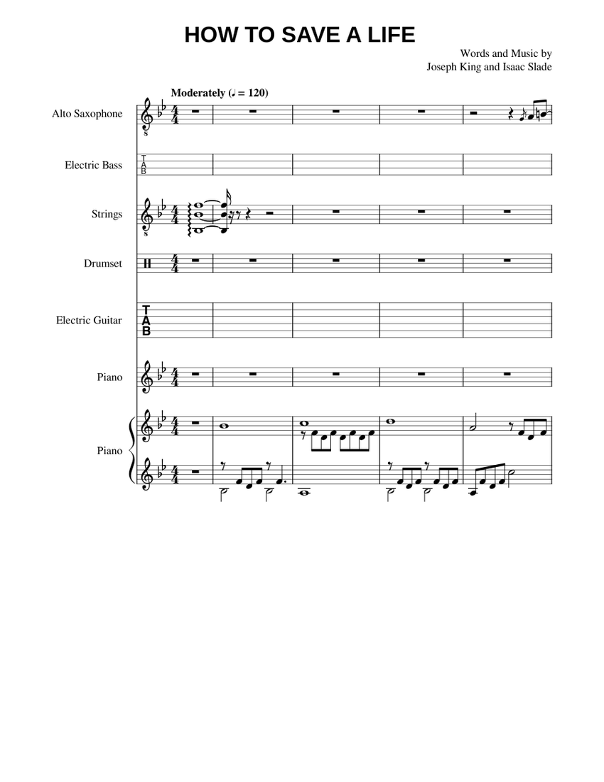 How to save a life - The Fray sheet music for Piano, Alto Saxophone