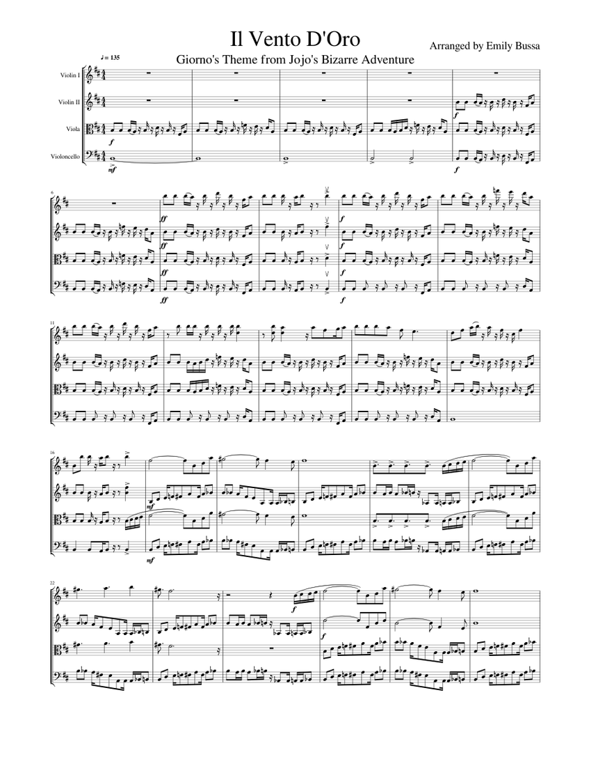 Il Vento D Oro Giorno S Theme From Jojo S Bizarre Adventure Sheet Music For Violin Cello Viola String Quartet Musescore Com - dio's theme roblox id code