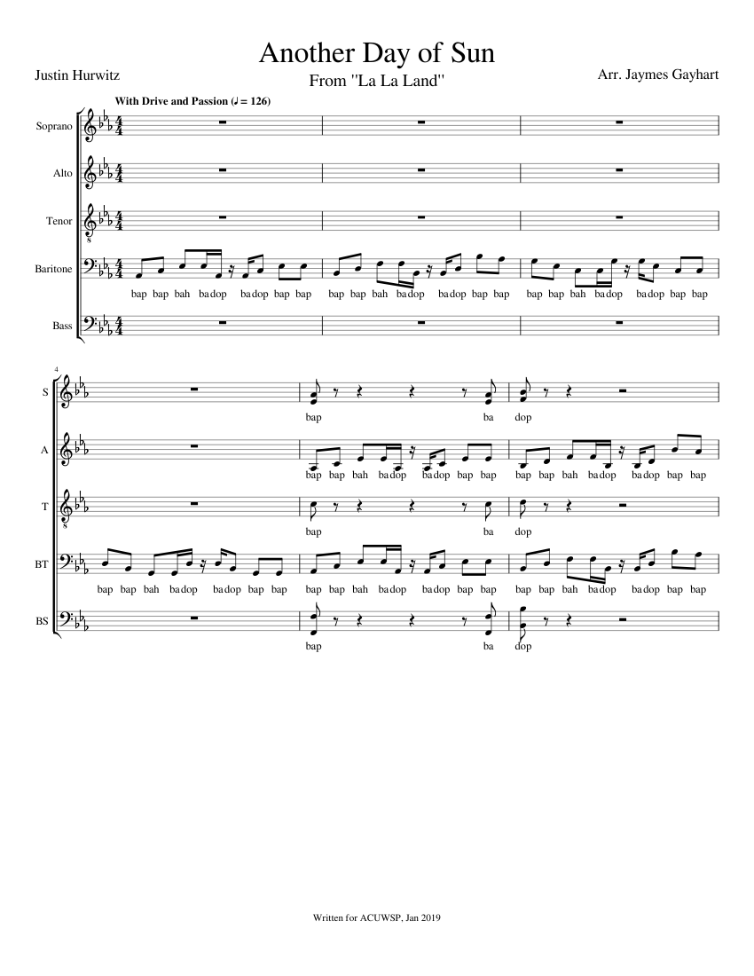 Another Day of Sun - La La Land (SSATBB) sheet music for Piano