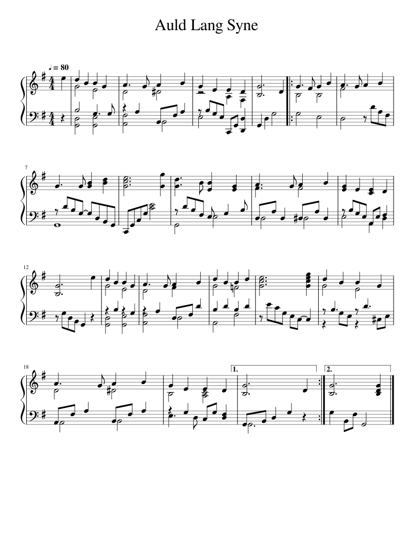 Auld Lang Syne sheet music for Piano download free in PDF or MIDI