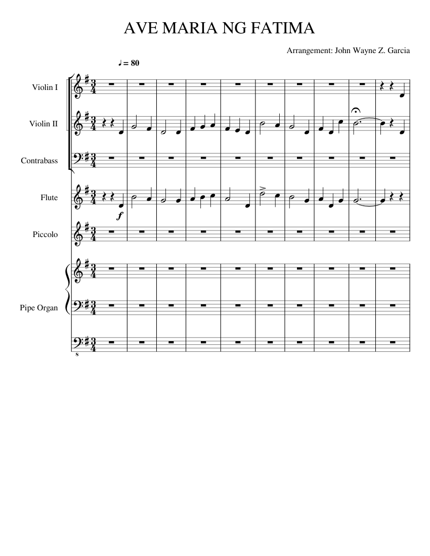 AVE MARIA NG FATIMA Sheet music for Violin, Flute, Contrabass, Flute  (Piccolo) & more instruments (Mixed Ensemble) | Musescore.com