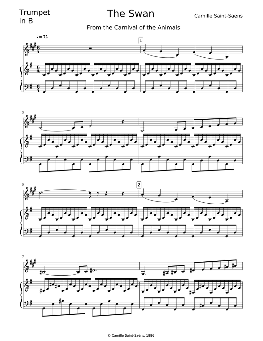 Saint Saens The Swan Trumpet Piano Sheet Music For Piano