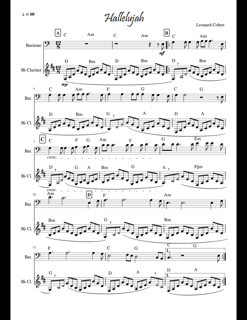Hallelujah | Leonard Cohen sheet music for Clarinet, Voice download