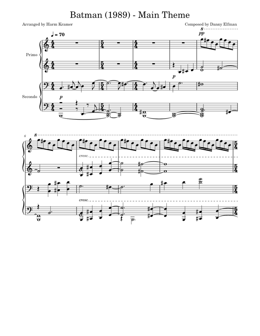 Batman (1989) Main Theme - for quatre mains Sheet music for Piano