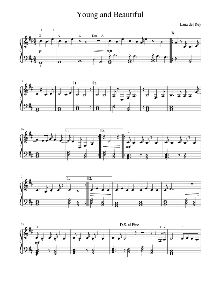 Young and Beautiful Sheet music for Piano (Solo) | Musescore.com