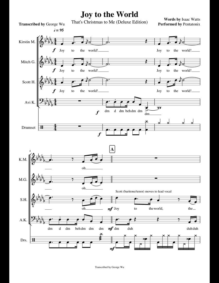 Joy to the World - Pentatonix (Full Sheet Music with Lyrics) sheet music for Bass, Percussion ...