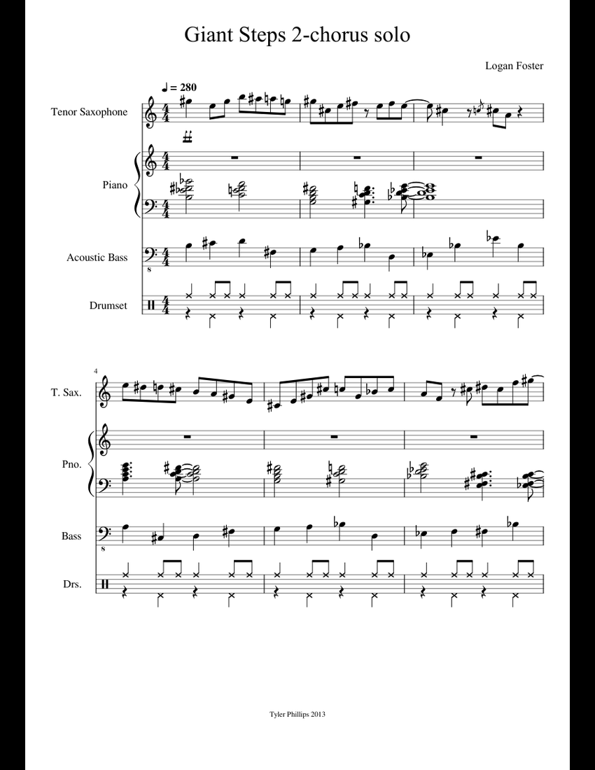 Giant Steps 2-chorus solo sheet music for Piano, Tenor Saxophone, Bass