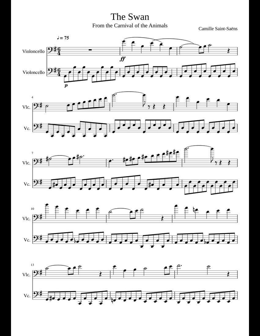 The Swan cello pas de deux sheet music for Cello download free in PDF