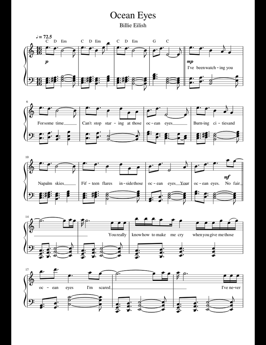 Ocean Eyes Billie Eilish (Simpler) sheet music for Piano