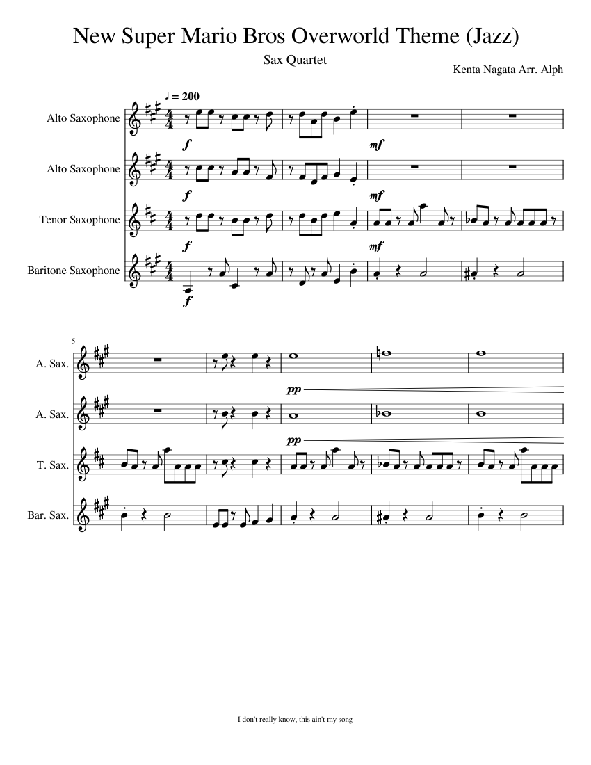 New Super Mario Bros Overworld Theme Jazz Sheet Music For Saxophone
