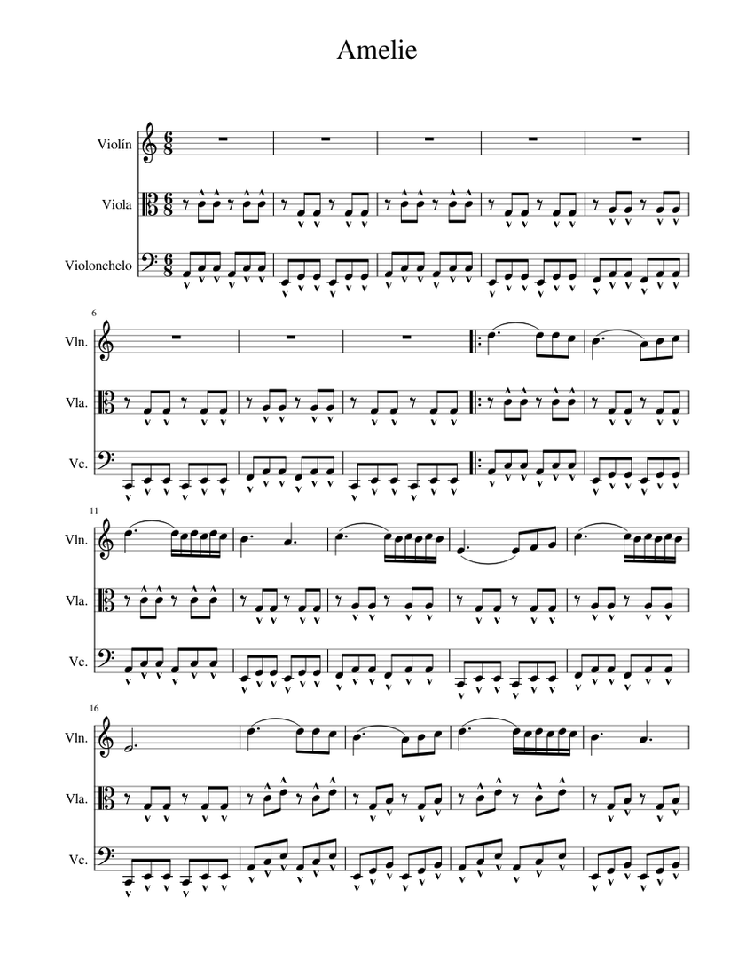 Amelie Sheet music for Violin, Cello, Viola (String Trio) | Musescore.com