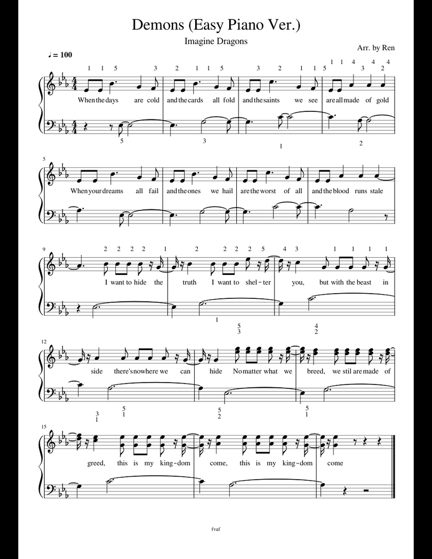Demons (Easy Piano Ver.) sheet music for Piano download free in PDF or MIDI