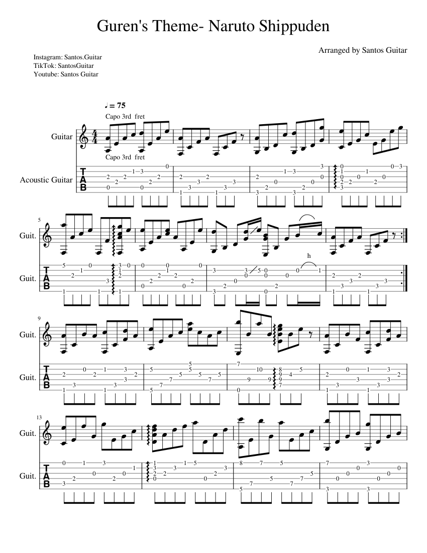 Guren's Theme Naruto Fingerstyle Guitar Sheet music for Guitar, Guitar (Solo)