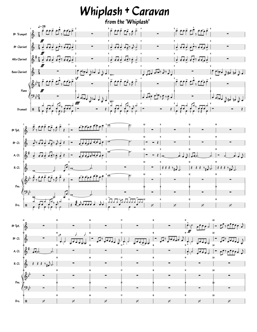 Whiplash + Caravan sheet music for Clarinet, Piano, Trumpet, Percussion