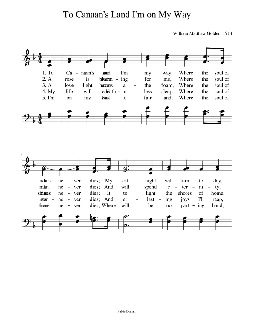 To Canaan's land I'm on my way William Matthew Golden Sheet music