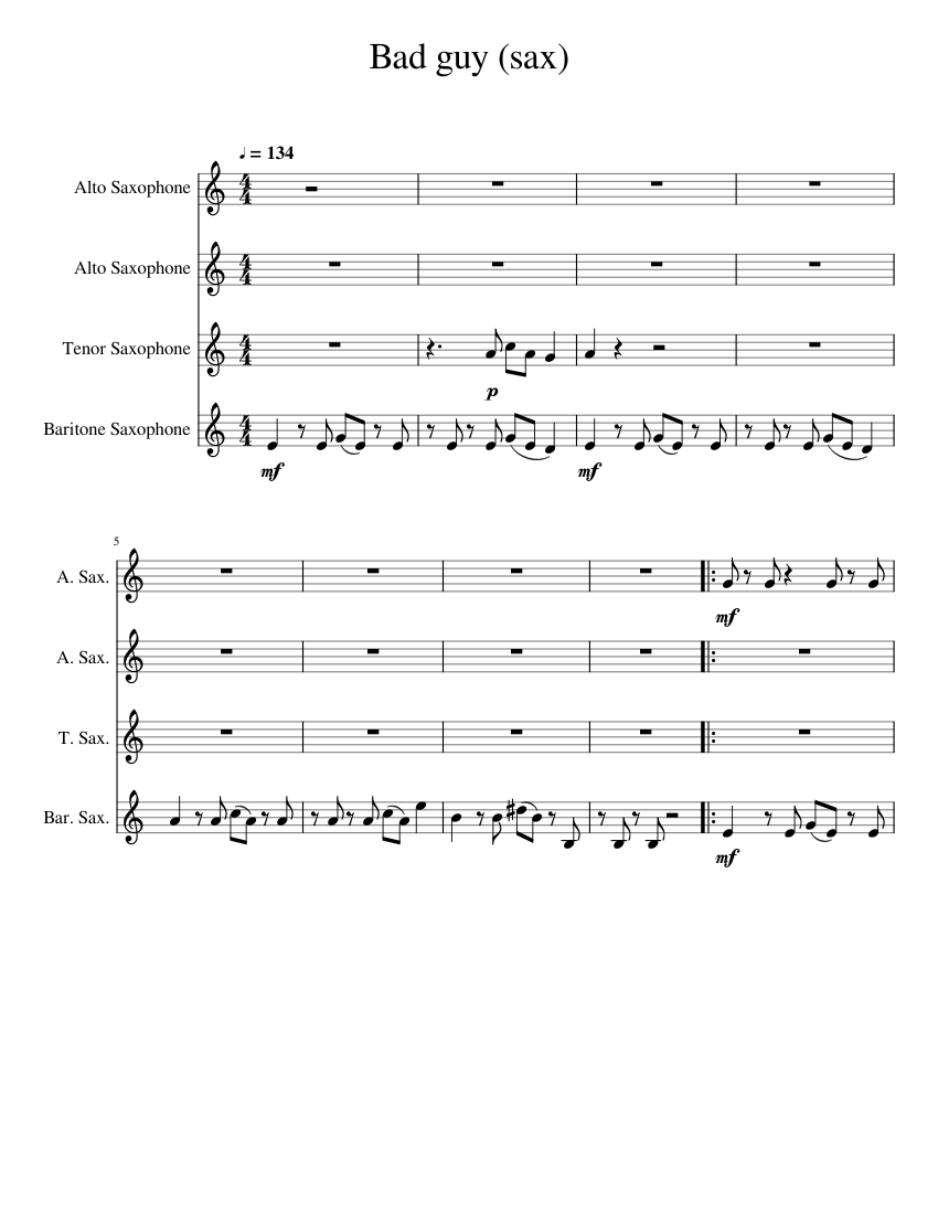 Bad guy (sax quartet) Sheet music for Saxophone (Alto), Saxophone