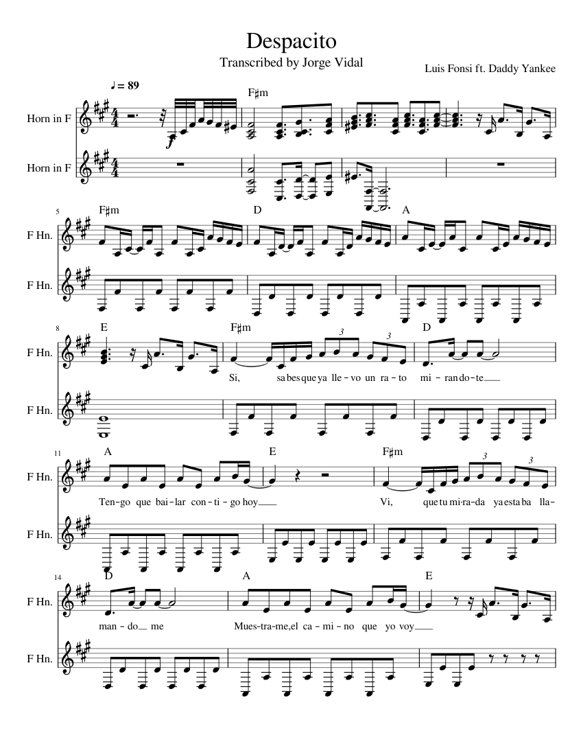 Despacito F Horn Sheet Music For French Horn Download Free In