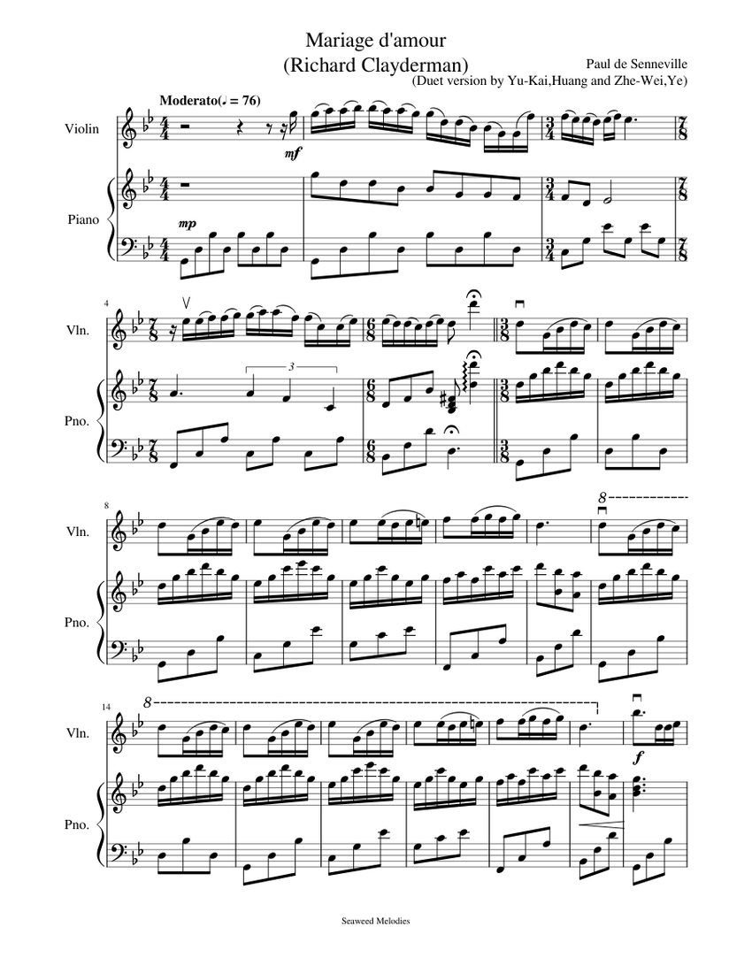 Mariage d'amour Sheet music for Violin, Piano | Download free in PDF or