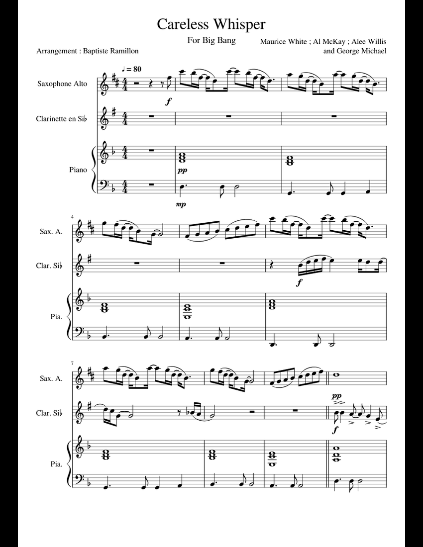Careless Whisper sheet music for Clarinet, Piano, Alto Saxophone download free in PDF or MIDI