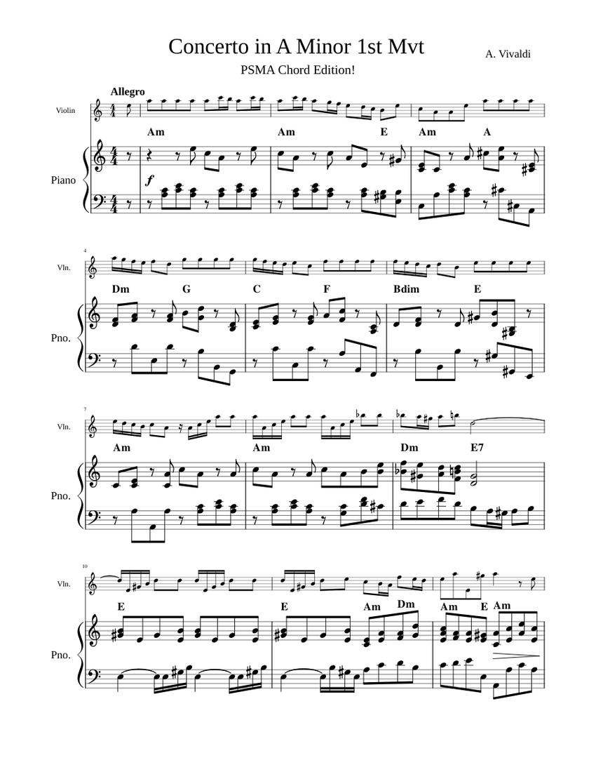 Vivaldi Violin Concerto In A Minor Accompaniment With Chords Sheet