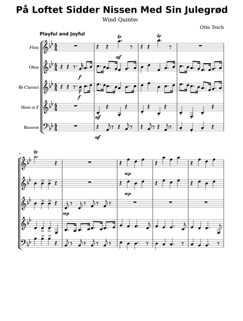P Loftet Sidder Nissen Med Sin Julegr d Sheet music for Flute, Clarinet (In  B Flat), French Horn, Oboe & more instruments (Woodwind Quintet) |  Musescore.com