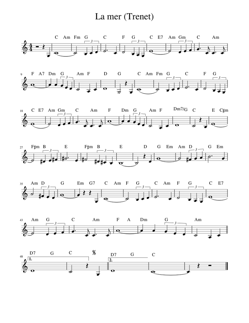 La mer (Trenet) Sheet music for Piano | Download free in PDF or MIDI