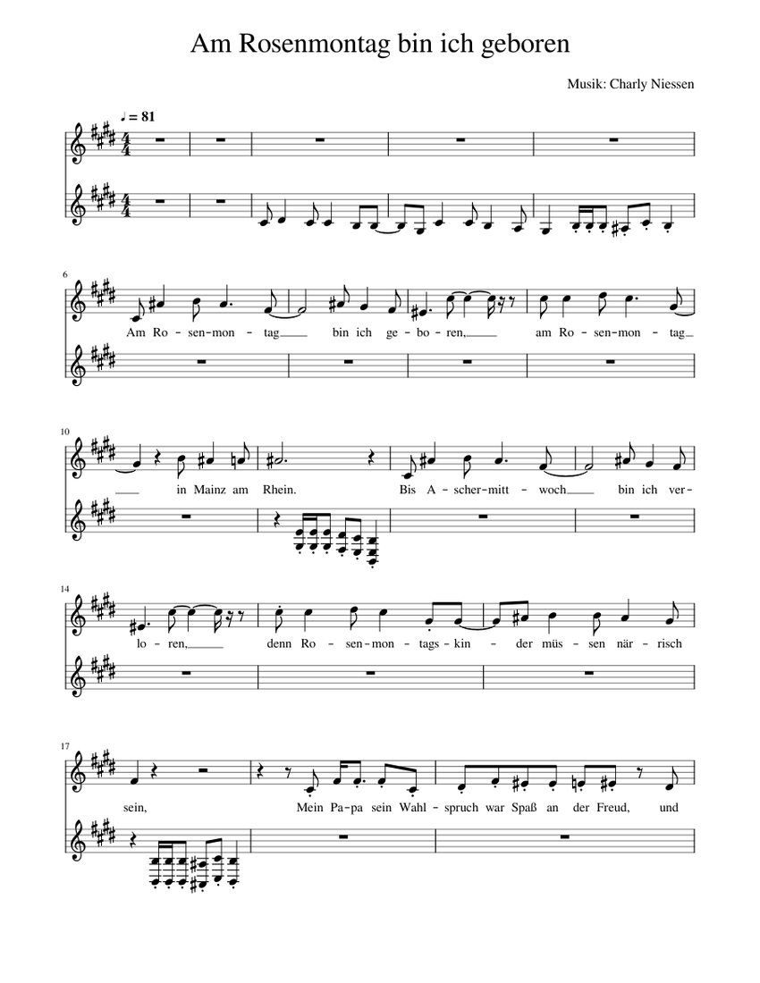 Am Rosenmontag Bin Ich Geboren Sheet Music For Clarinet Brass