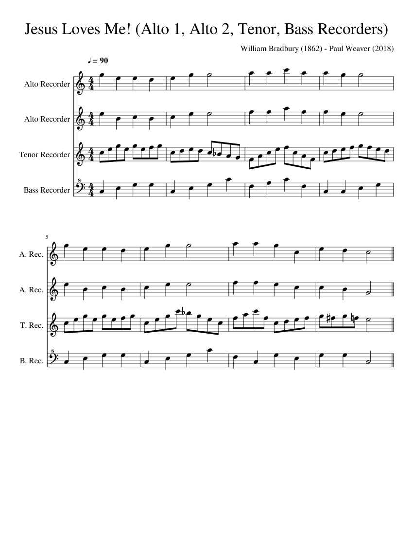 Jesus Loves Me Alto 1 Alto 2 Tenor Bass Recorders Sheet music for