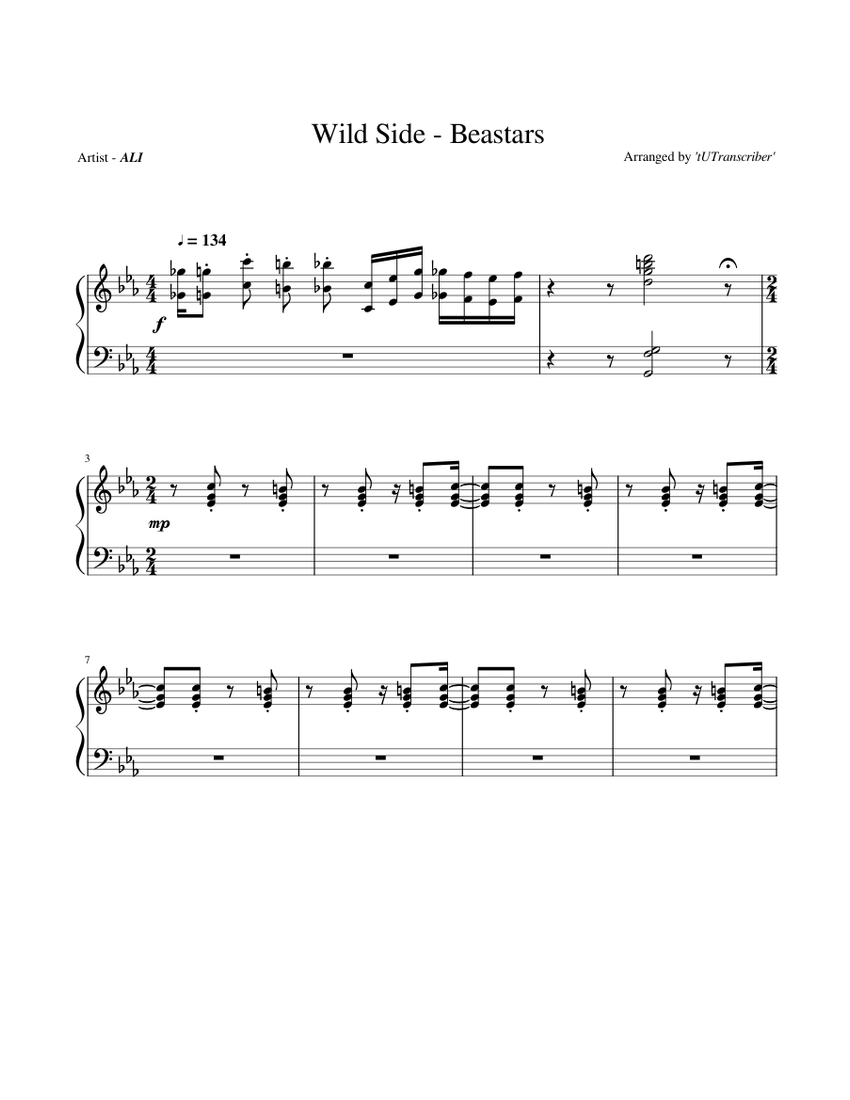 Wild Side Tv Ver Beastars Piano Solo Sheet Music For Piano Solo Musescore Com - wild west roblox piano sheet music