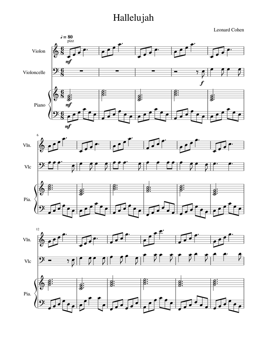 Hallelujah Sheet music for Violin, Piano, Cello | Download free in PDF