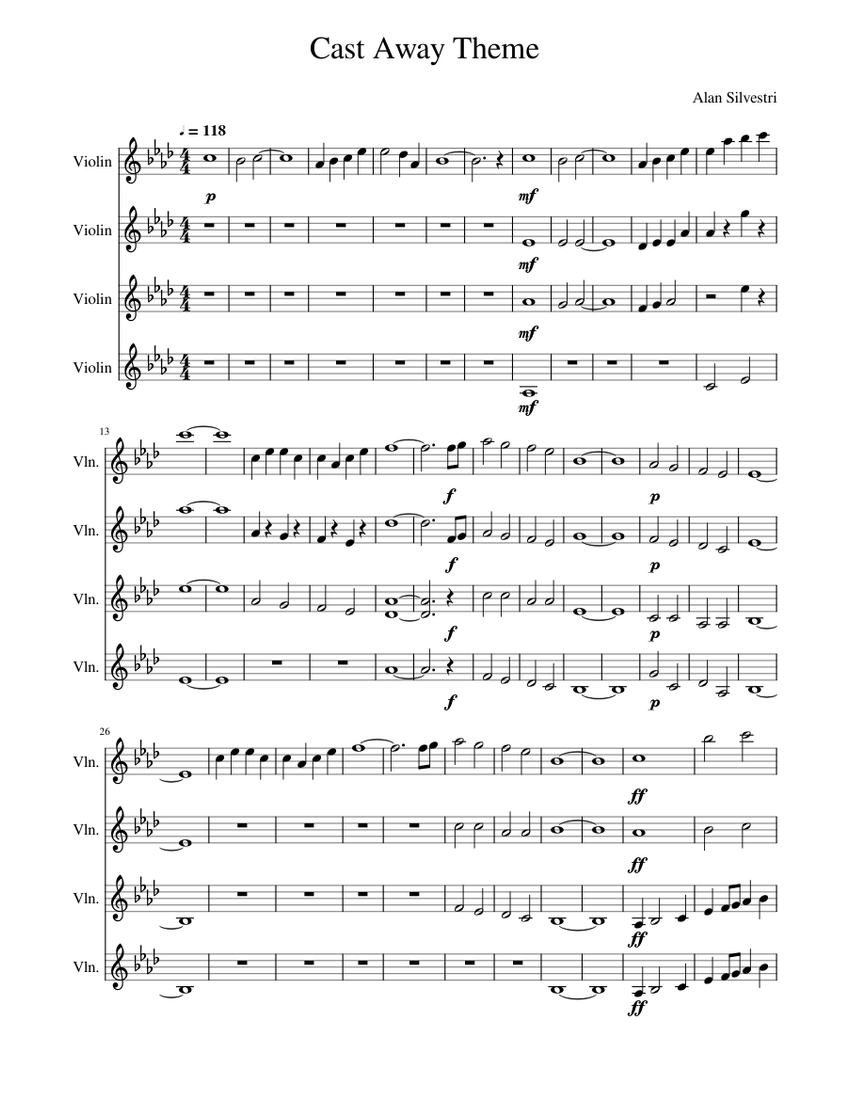 Cast Away Theme Sheet music for Violin (Mixed Quartet) | Musescore.com