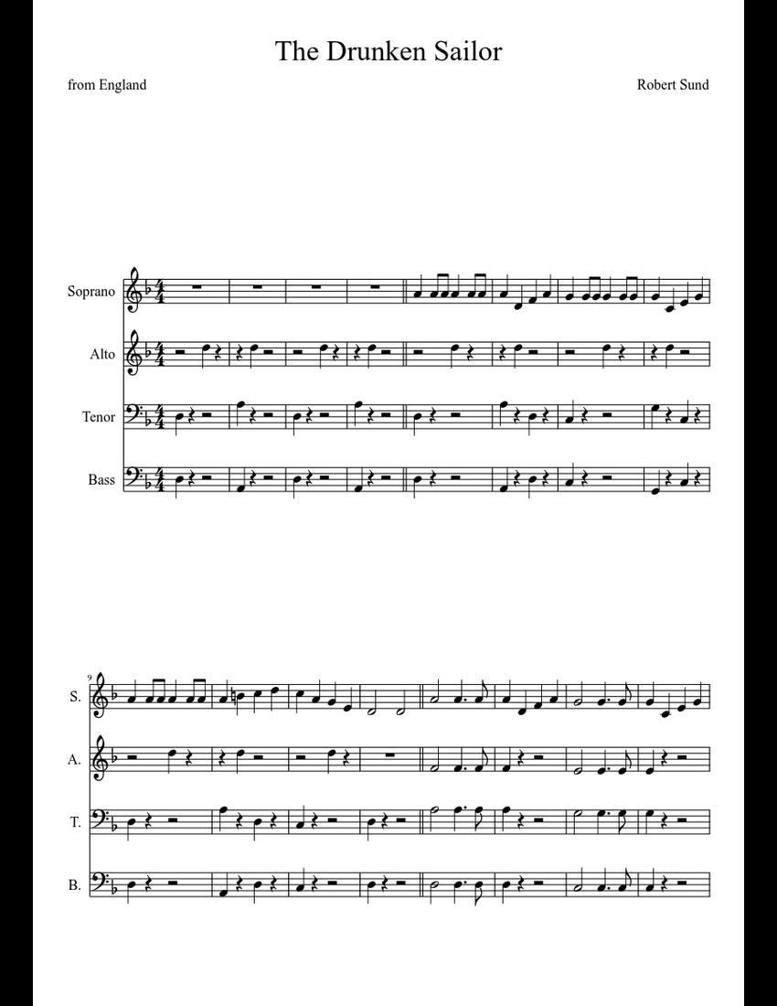 The Drunken Sailor- SATB sheet music download free in PDF or MIDI