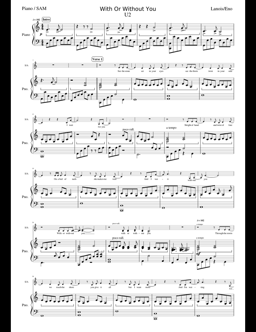With Or Without You sheet music for Piano, Voice download free in PDF ...