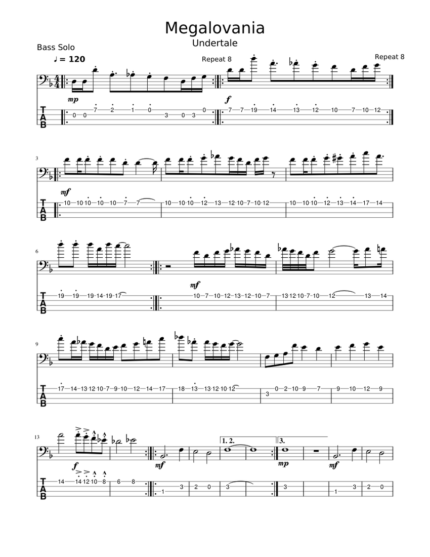 Megalovania Bass Solo Sheet Music For Bass Download Free In Pdf