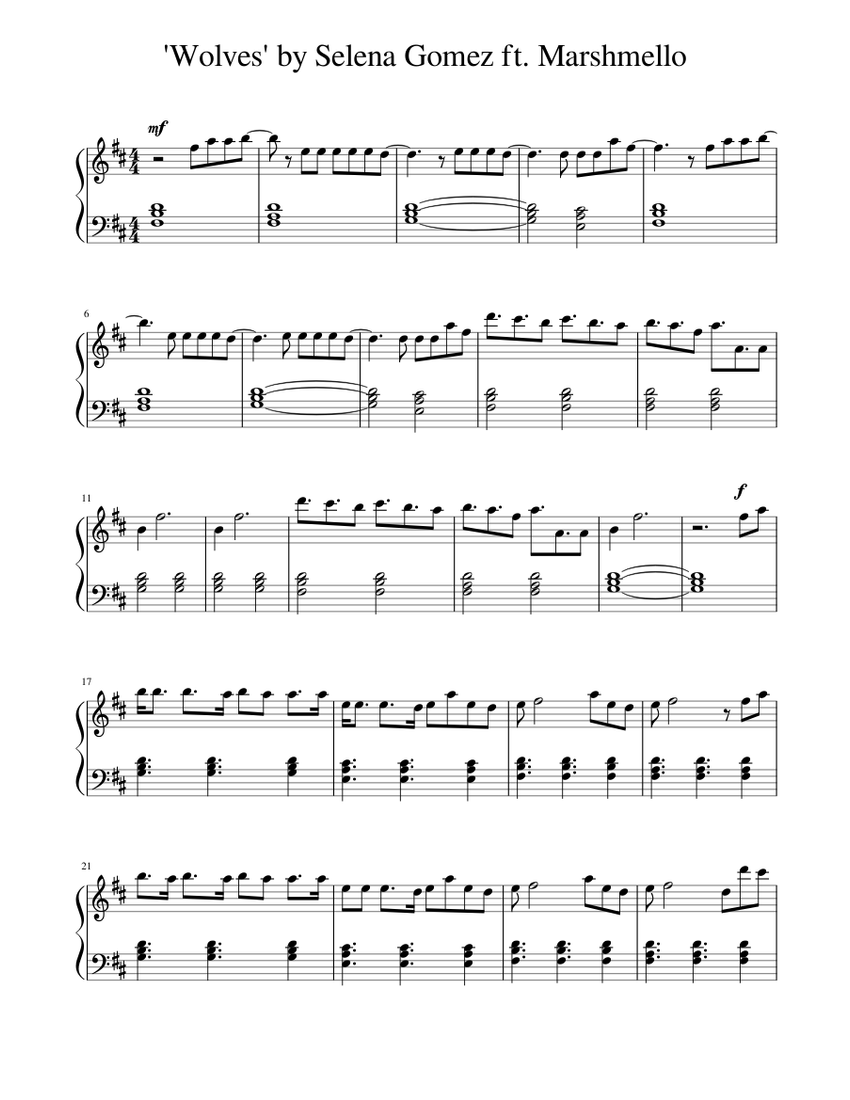 Wolves By Selena Gomez Ft Marshmello Sheet Music For Piano