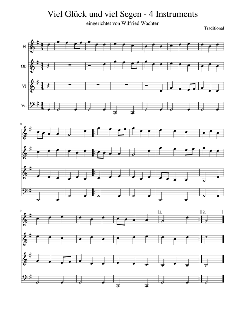 Viel Glück und viel Segen - 4 Instruments sheet music for Flute, Violin