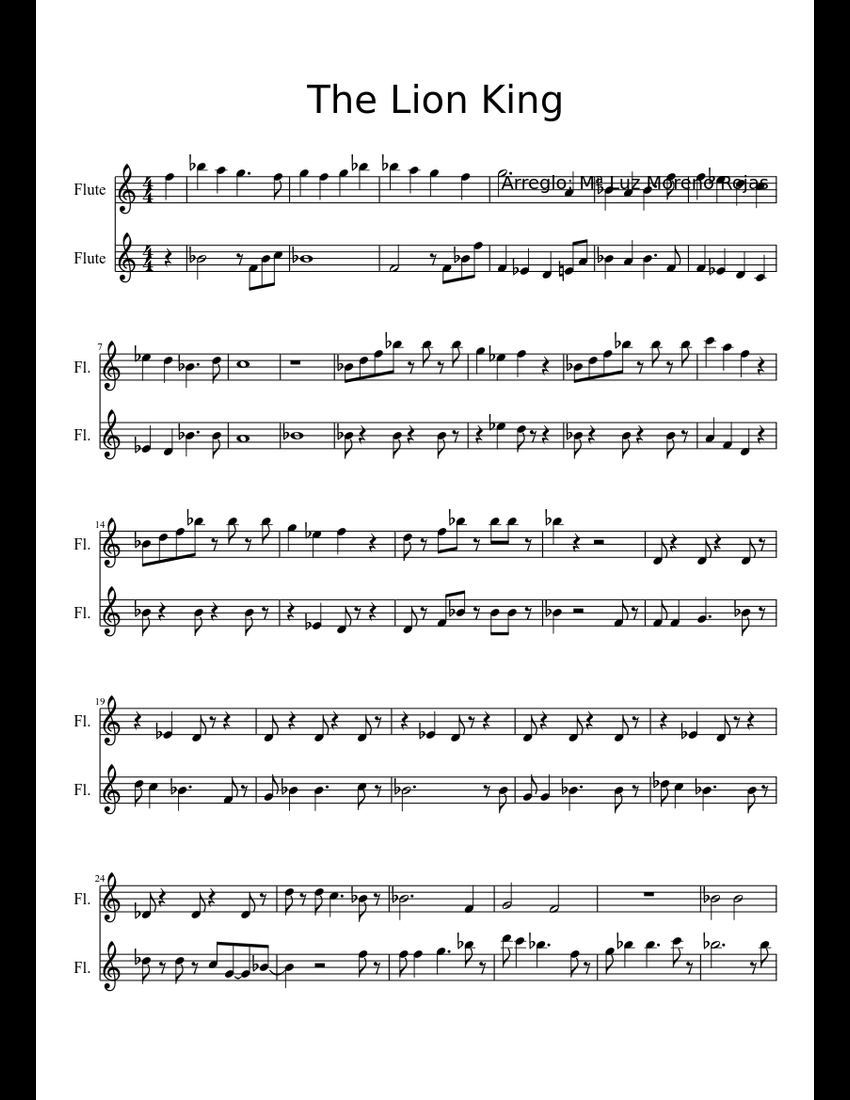 Lion King Medley for 2 flutes (incomplete) sheet music download free in PDF or MIDI
