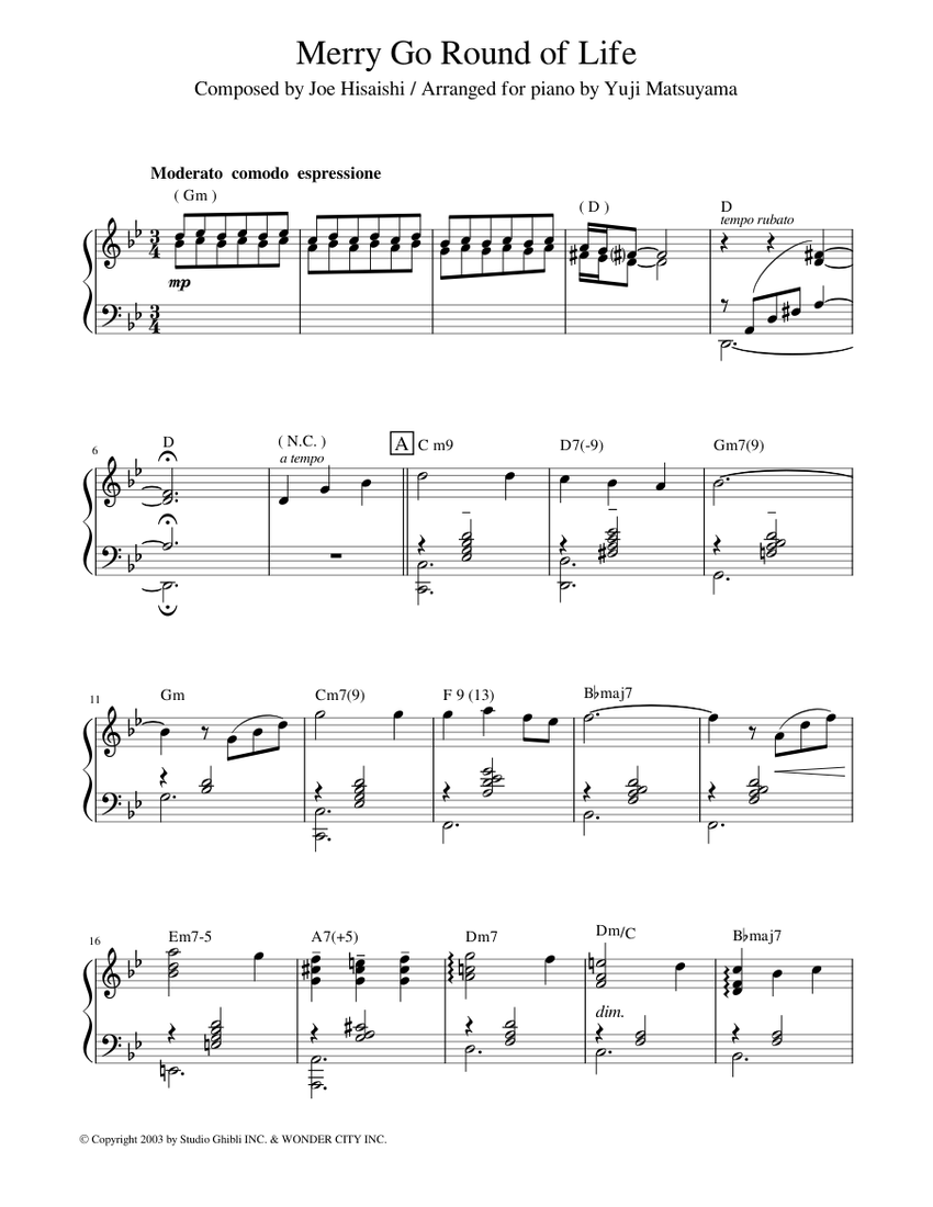 Merry Go Round of Life - Joe Hisaishi Sheet music for Piano (Solo