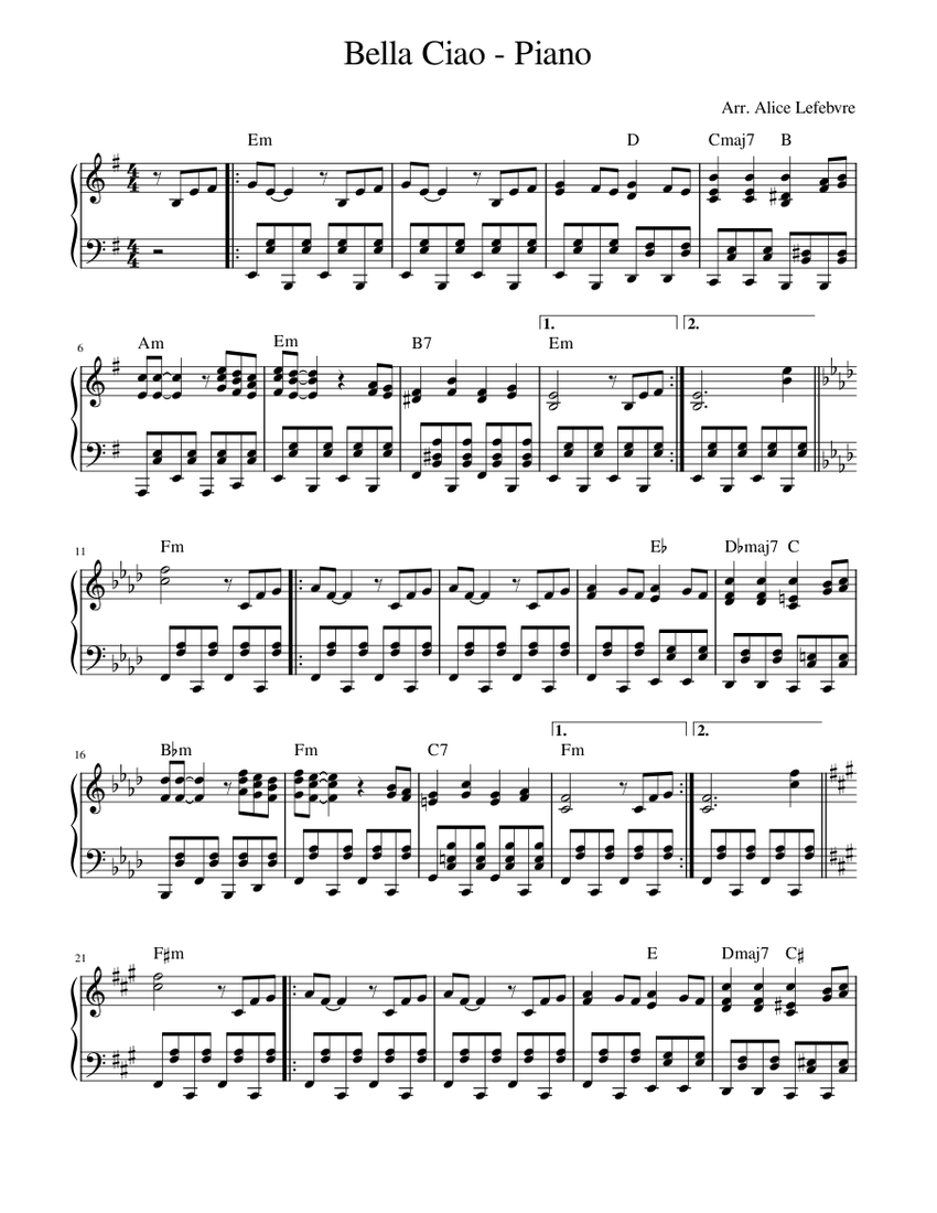 Bella Ciao sheet music for Piano download free in PDF or MIDI