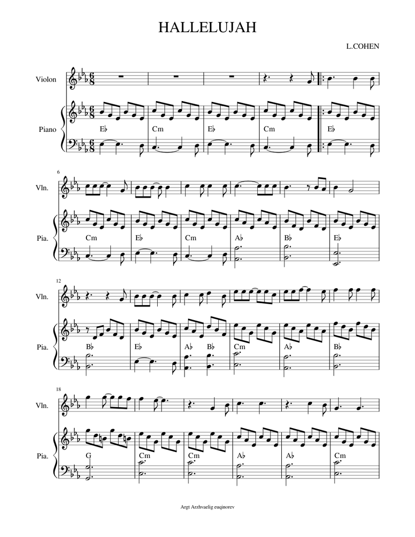 HALLELUJAH Sheet music for Piano, Violin (Solo) | Musescore.com