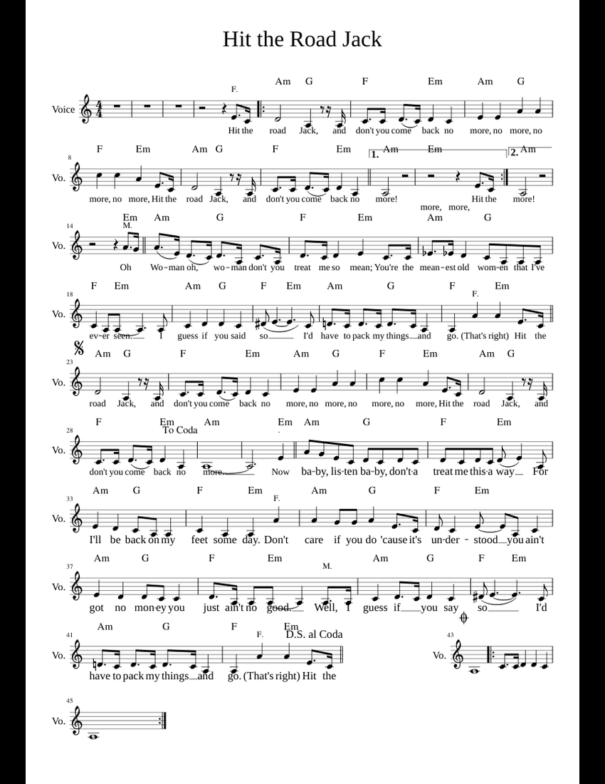 Hit the Road Jack sheet music for Piano, Guitar download free in PDF or