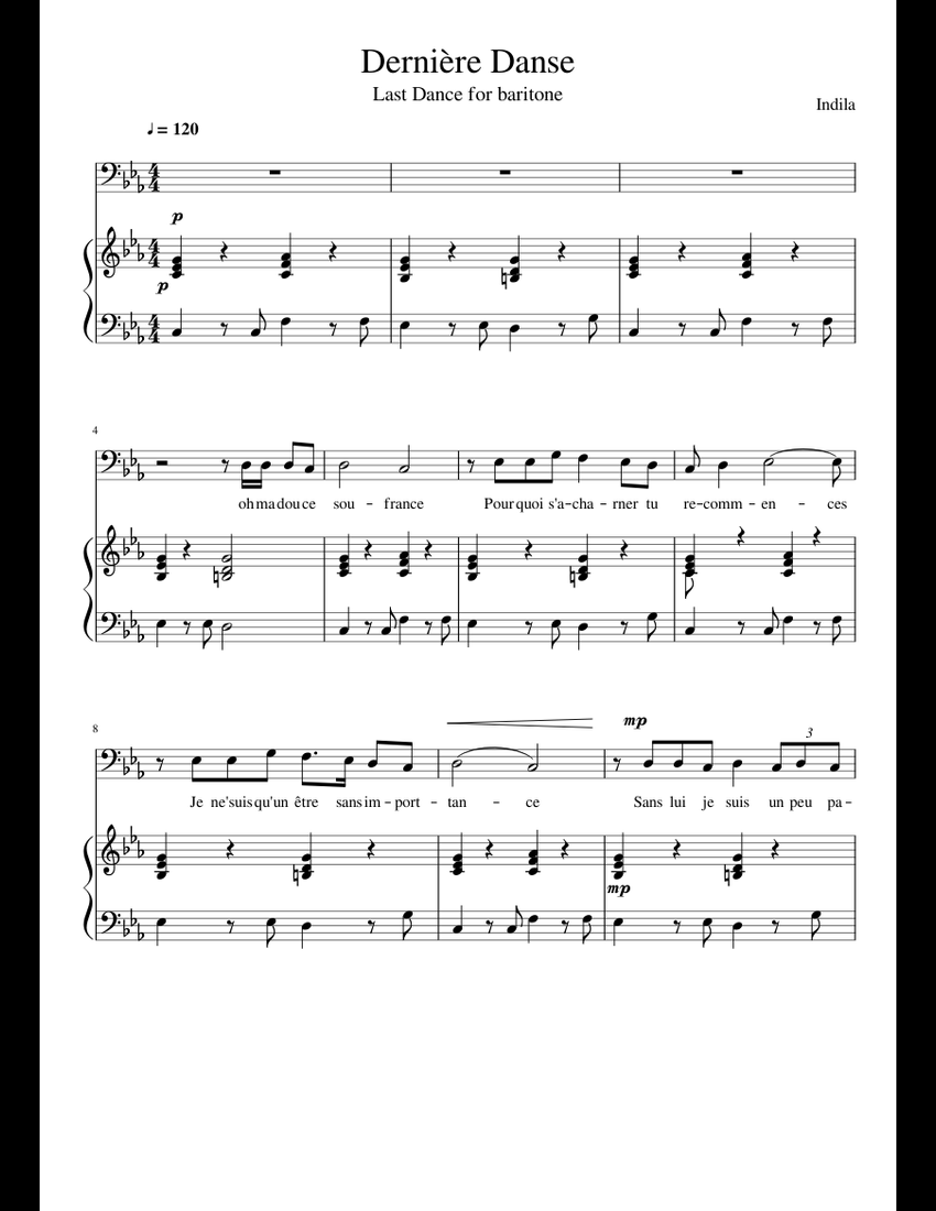 Indila Dernière Danse (part for baritone, bass and basso) sheet music for Piano, Strings