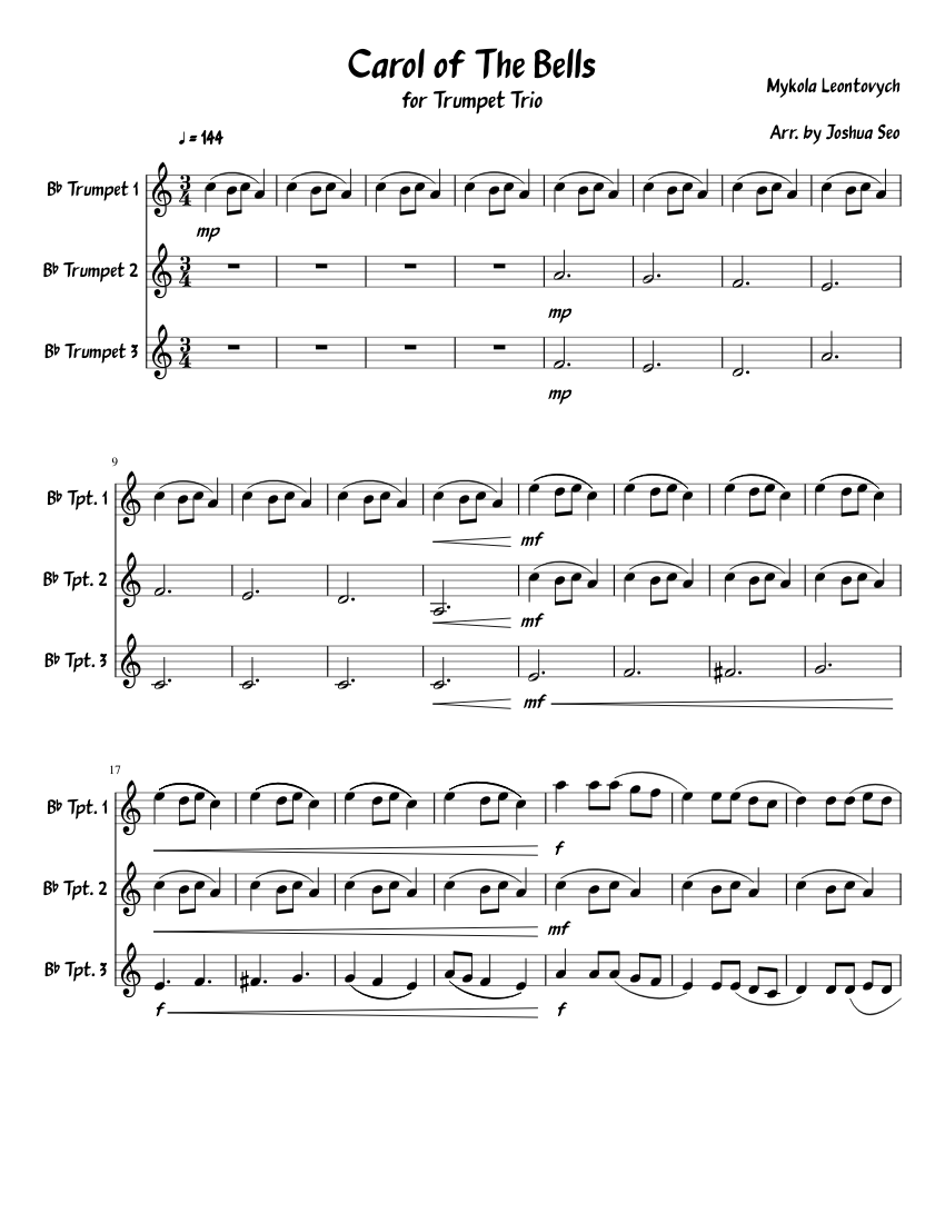 Carol of The Bells for Trumpet Trio sheet music for ...