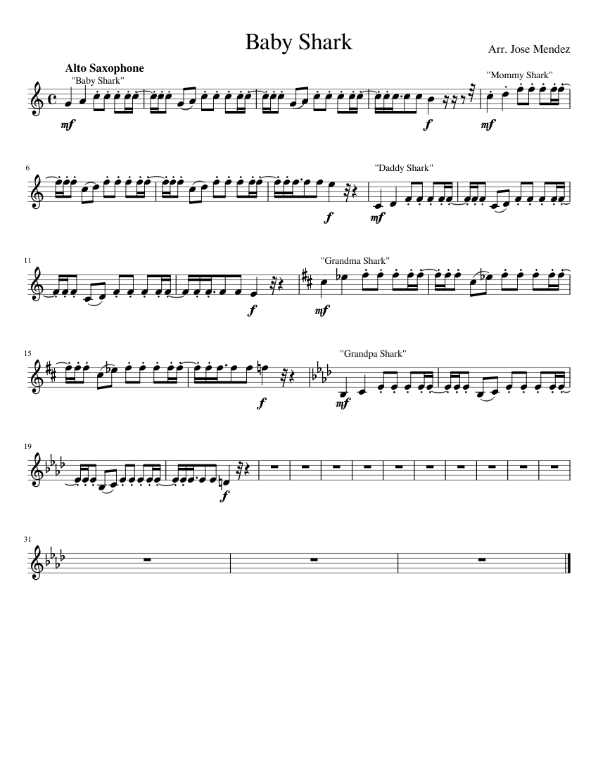 Baby Shark by Jose Mendez sheet music for Alto Saxophone download free in PDF or MIDI