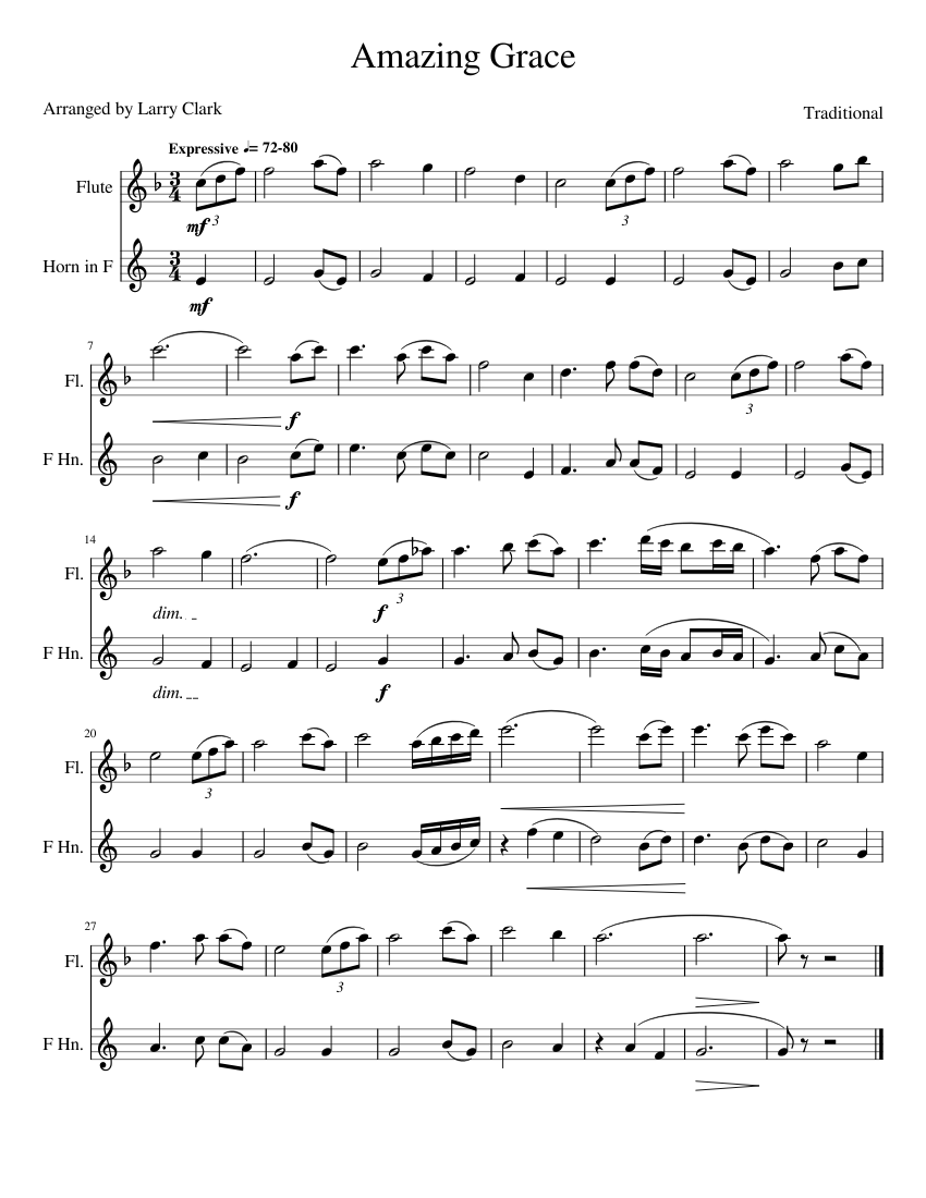 Amazing Grace Flute FH Sheet music for Flute, French Horn (Mixed Duet
