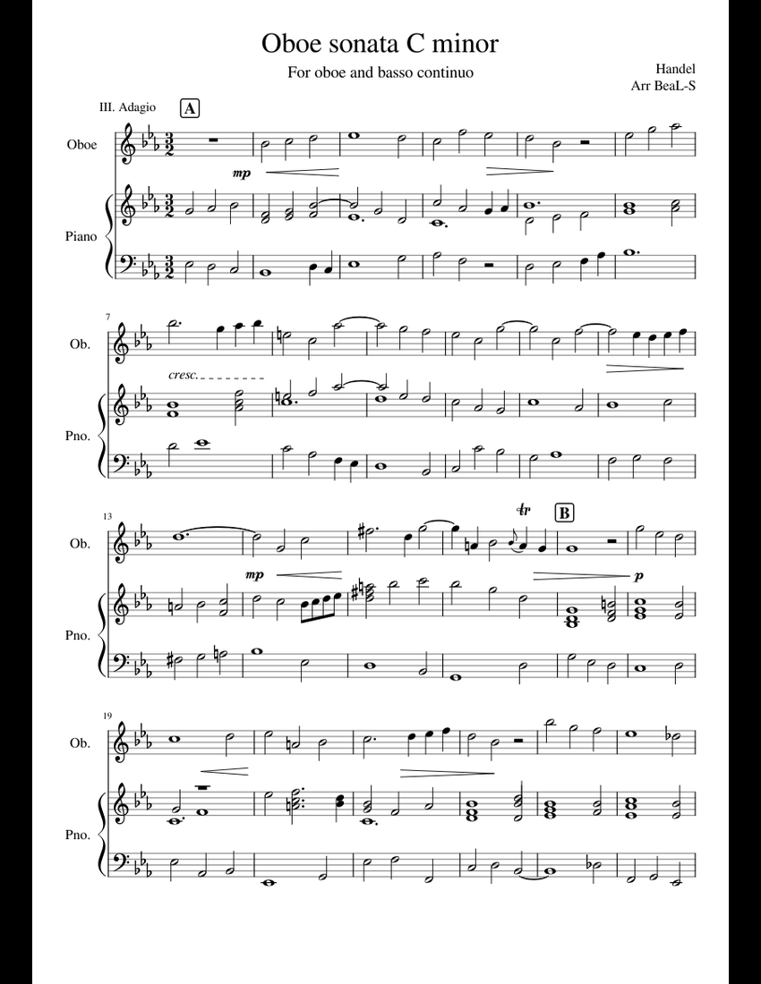 Adagio Handel Sonata in C minor sheet music for Piano, Oboe