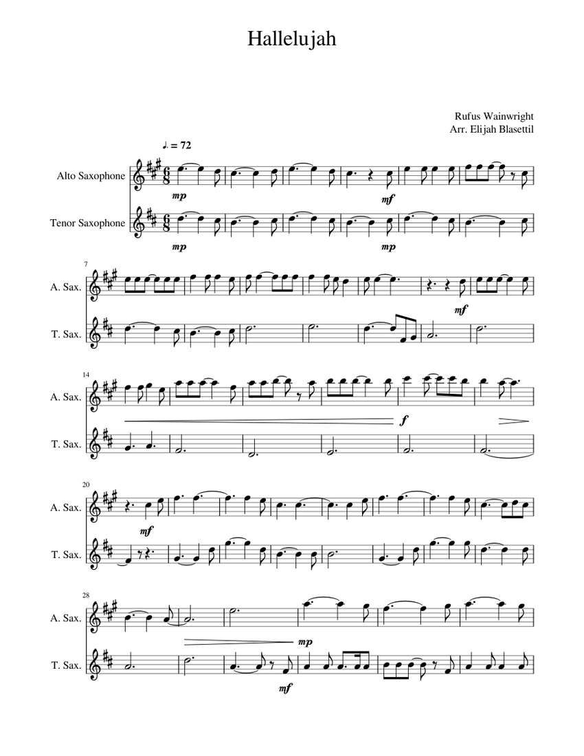 Hallelujah Sheet Music For Alto Saxophone Tenor Saxophone Download